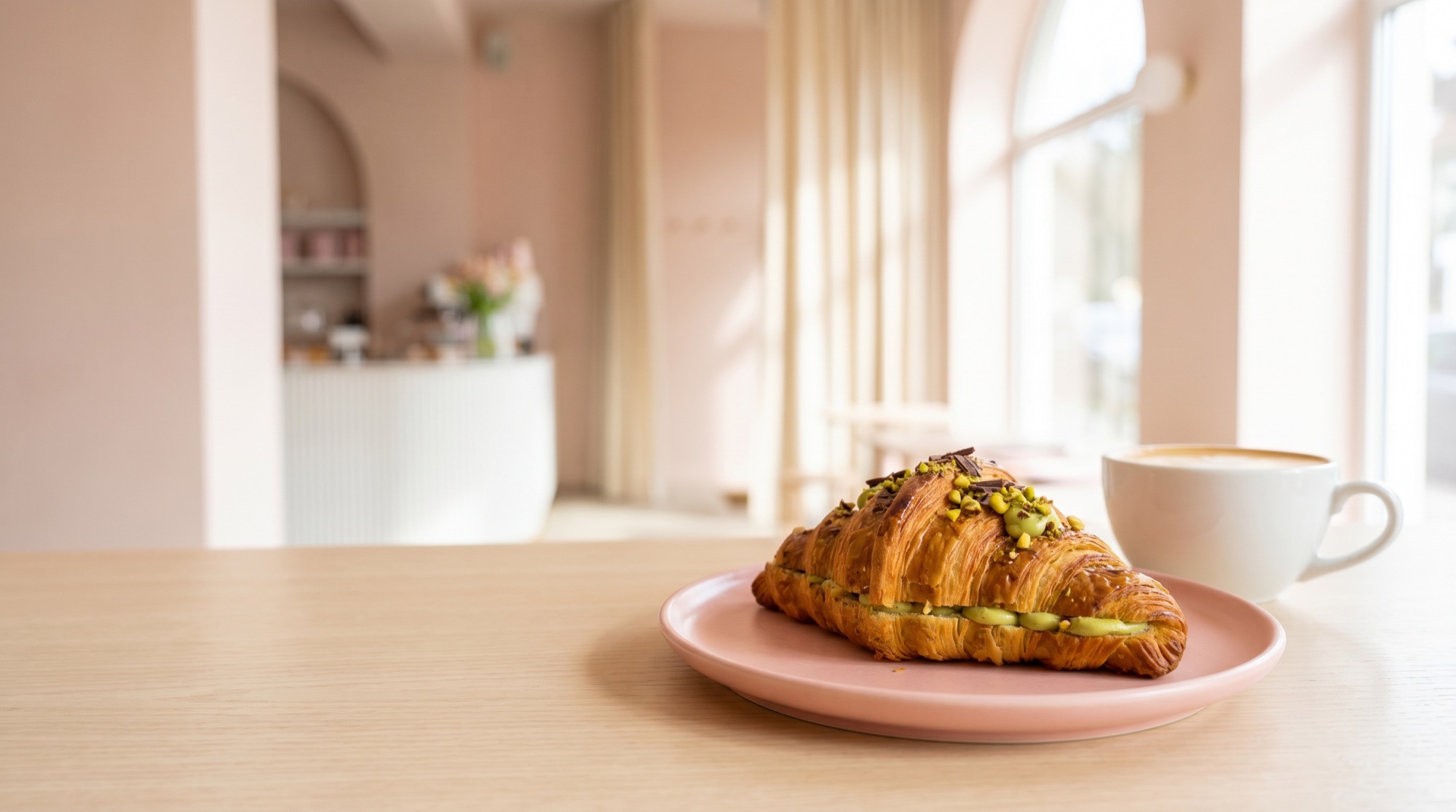 The Creamy Rainbow Bakery and Cafe bakery counter and treats in warm natural light
